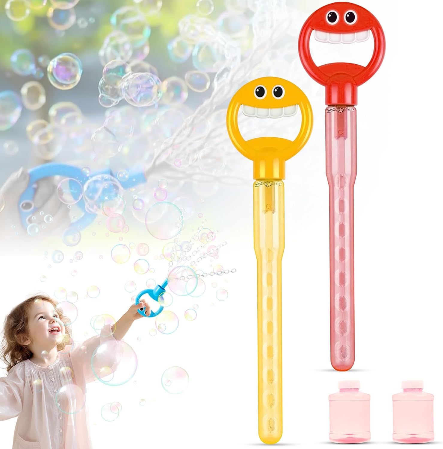 Bubble Wands for Kids, Smiling Face Bubble Wand, 2 Pack Bubble Sticks with Bubbles Refill Solution for Summer Toy, Outdoors Activity, Bubbles Party Favors for Kids Adults, Wedding, Birthday