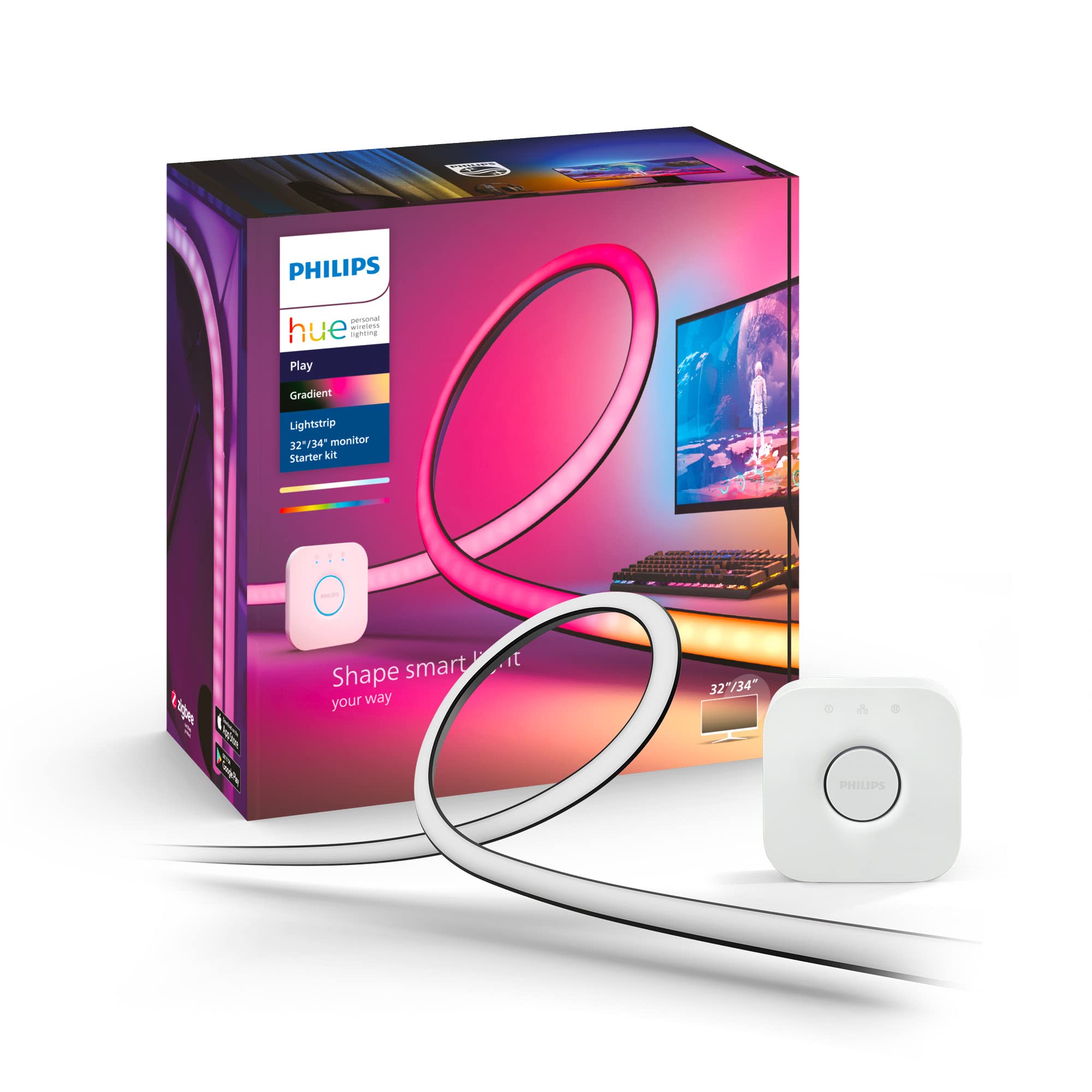 Philips Hue Play, Lightstrip Gradiend per Pc, 32-34", Hue Bridge Incluso, 23W 32-34" Lightstrip Pc + Hue Bridge