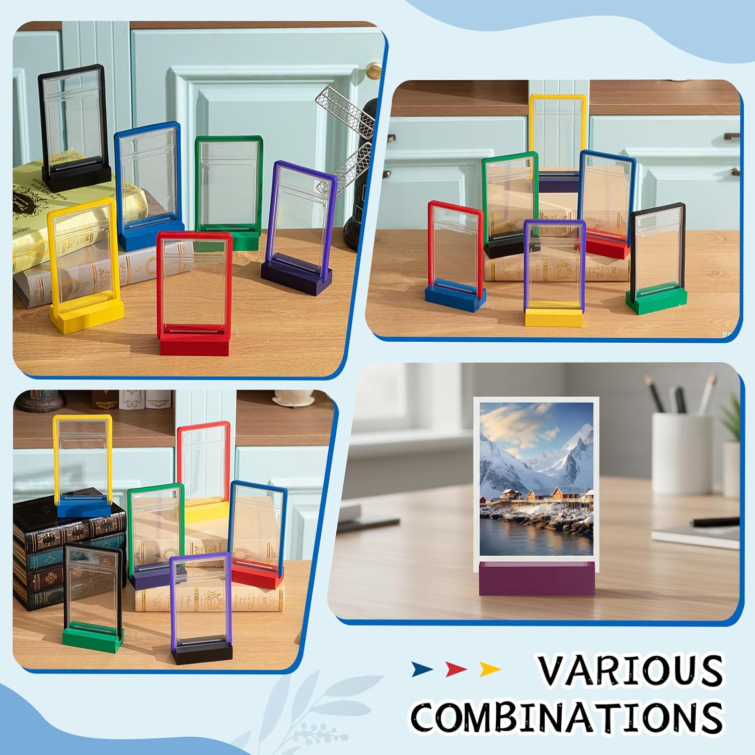 AmazingSpark 6 Set Bumper Guards Compatible with PSA Graded Cards with Wooden Display Stand, Slab Protector, Shield Your Slabs! Applicable to 35pt Graded Card Sleeves (Colorful)