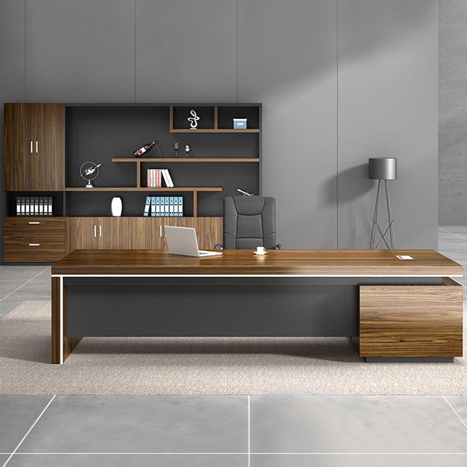 Brown L Shaped Computer Desk Executive Office Desk with File Drawers Writing Study Table Business Furniture Set for CEO Boss