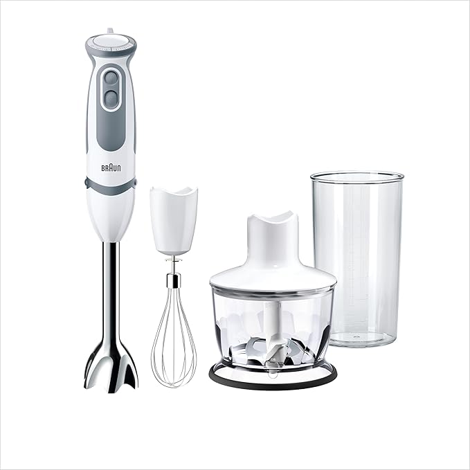 Braun Stabmixer MQ 5235WH Stabmixer – MultiQuick 5 Vario Pürierstab mit Edelstahl Mixfuß, 1000 Watt, inkl. 3-teiligem Zubehör-Set, weiß/grau [Energieklasse A]