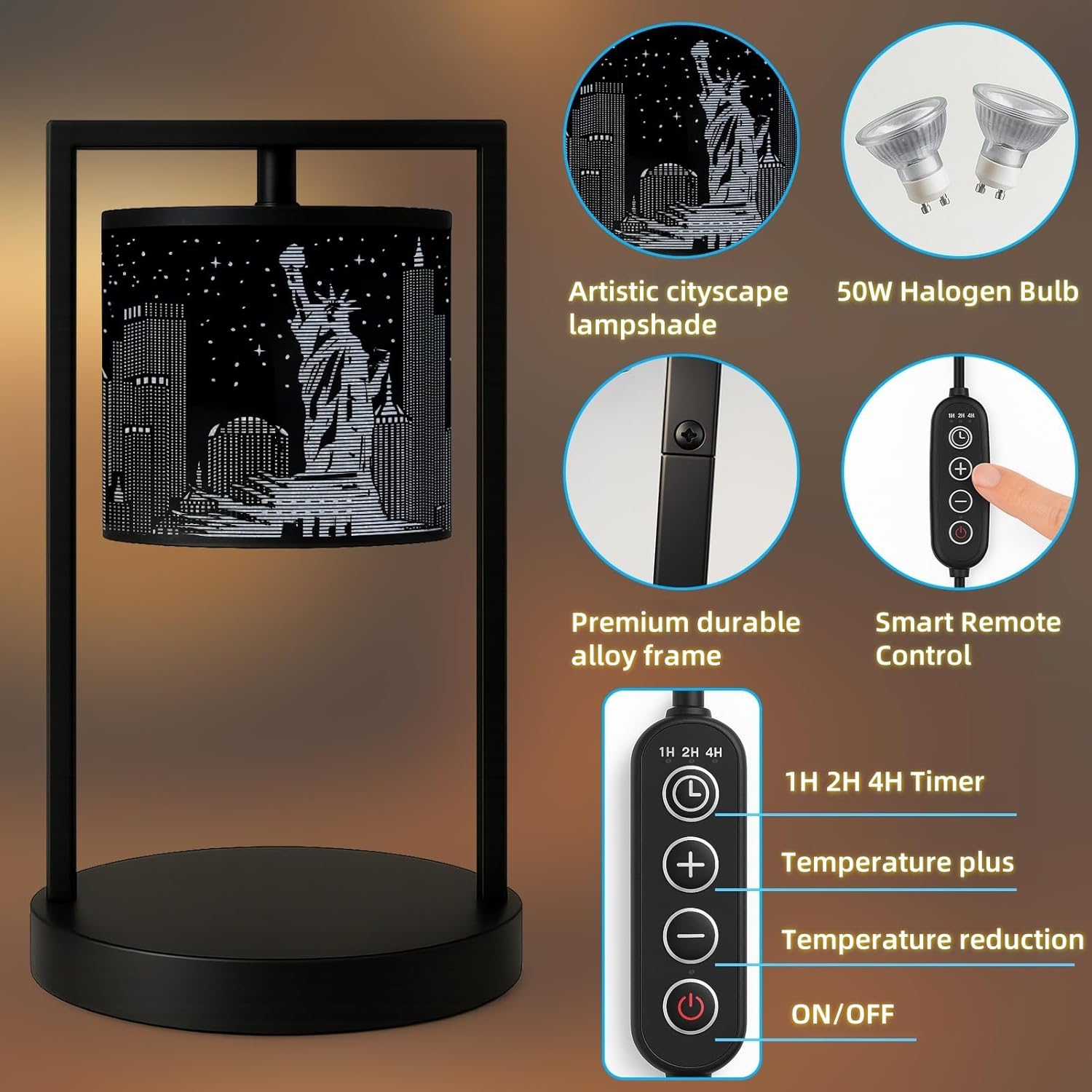 NYC Candle Warmer Lamp - Wax Melter with Timer, Dimmer, Auto Off, Statue of Liberty Decor for Jar Candles, City Skyline Home Decor for Living Room, Bedroom, Housewarming (2 Bulbs Included)