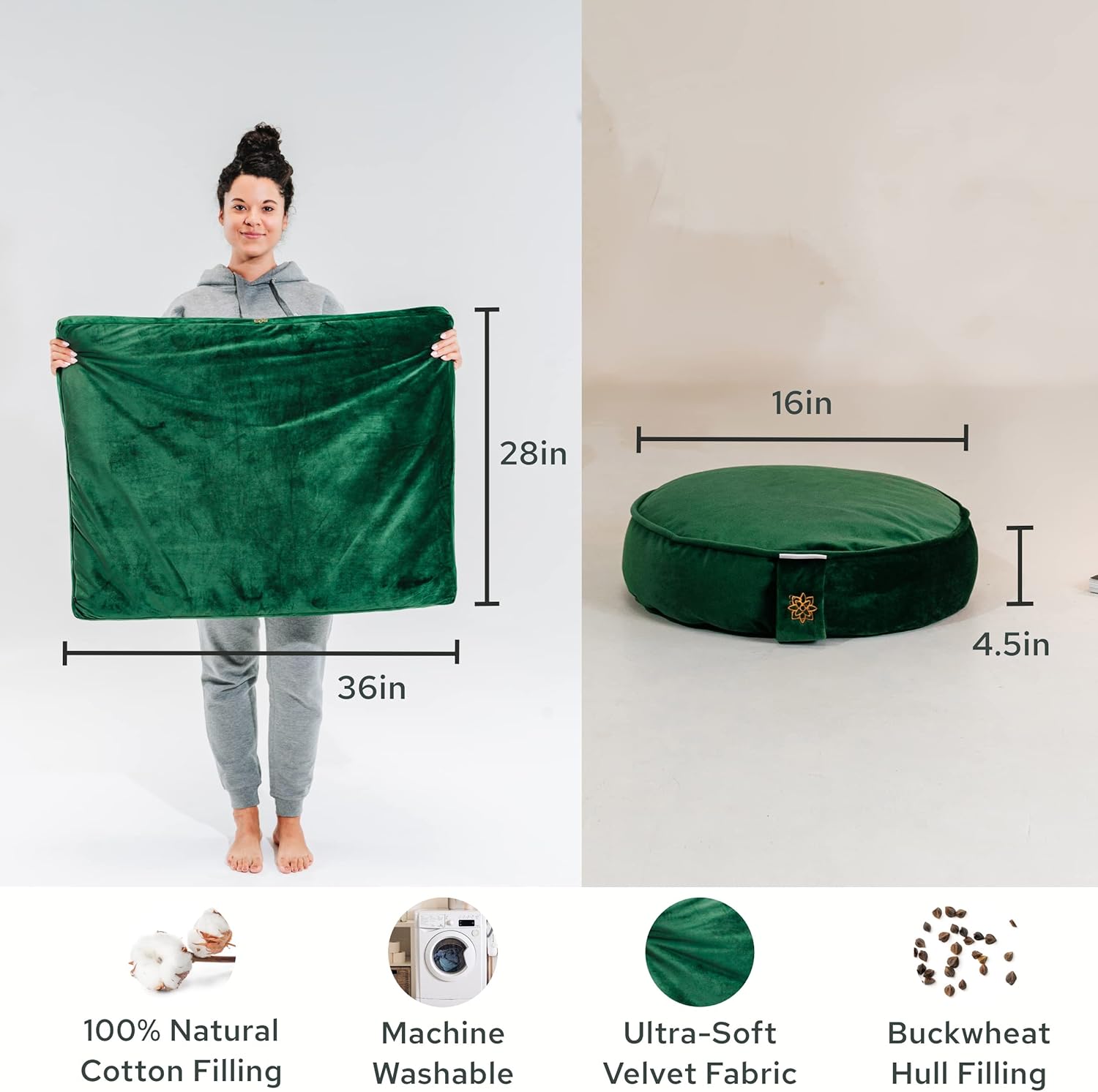 Mindful & Modern Meditation Cushion and Zabuton Meditation Mat Bundle - Premium Luxury Velvet Meditation Cushion Set for Yoga - Buckwheat Zafu Floor Pillow and Rectangular Mat - Emerald Green Color