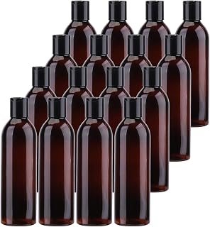 Bekith 16 Pack 8 ounce Amber Empty Plastic Bottles with Disc Top Flip Cap; BPA-Free Refillable Containers For Shampoo, Lotions, Liquid Body Soap, Creams