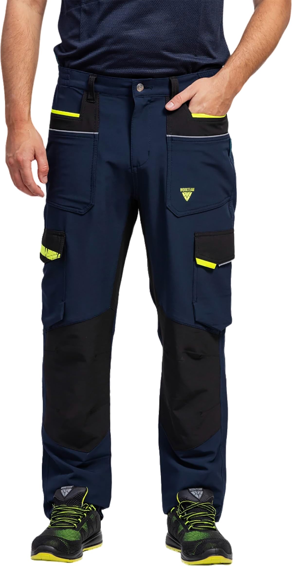 WORKTEAM Pantalón de Trabajo Elástico, Multibolsillos con Cremallera, con Cintura elástica y Reflectantes. Alta Comodidad y Resistencia. Hombre