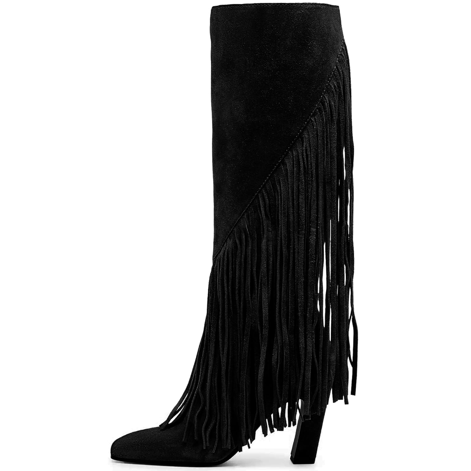 Lovee Cosee Suede Knee High Boots for Women with Tassels Chunky Block Heel Square Toe Full Zipper Fall