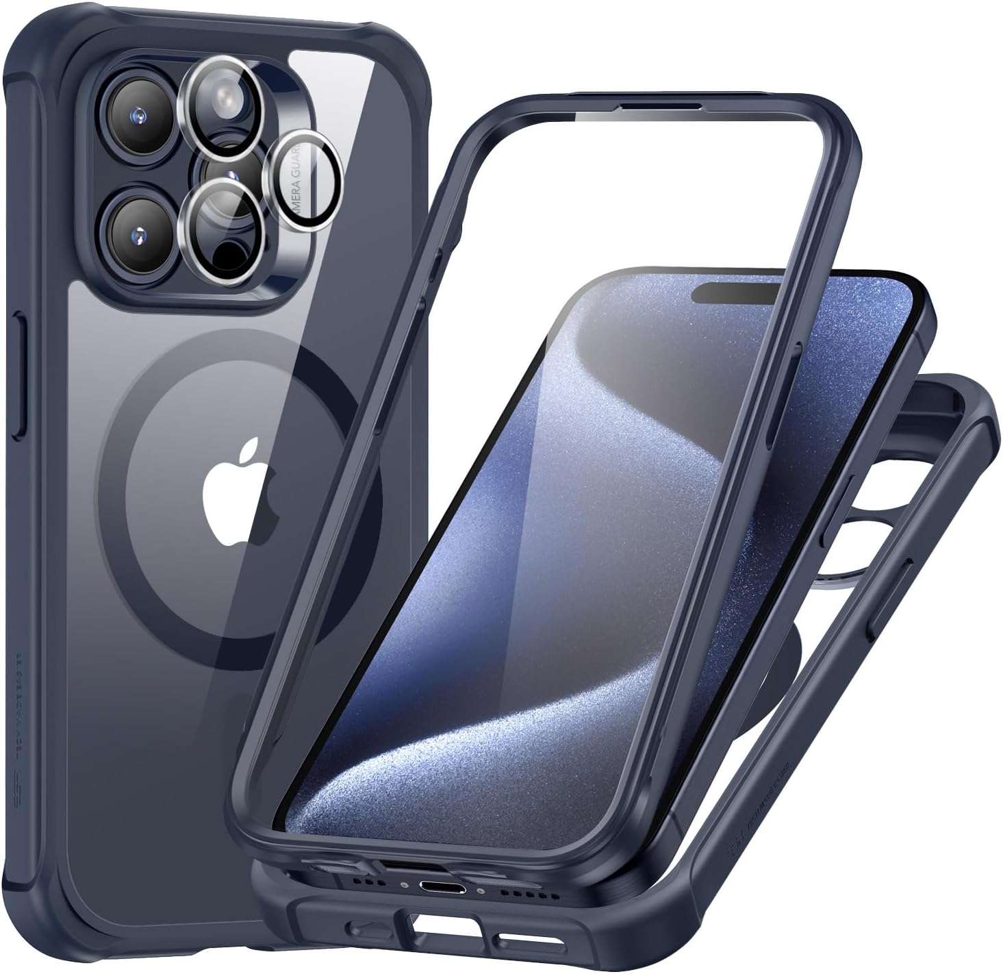 ESR for iPhone 15 Pro Case, Compatible with MagSafe, Full-Body Military-Grade Drop Proof Case with Built-in 9H+ Tempered Glass Screen Protector, Armor Series, Clear Dark Blue Clear Dark Blue iPhone 15 Pro