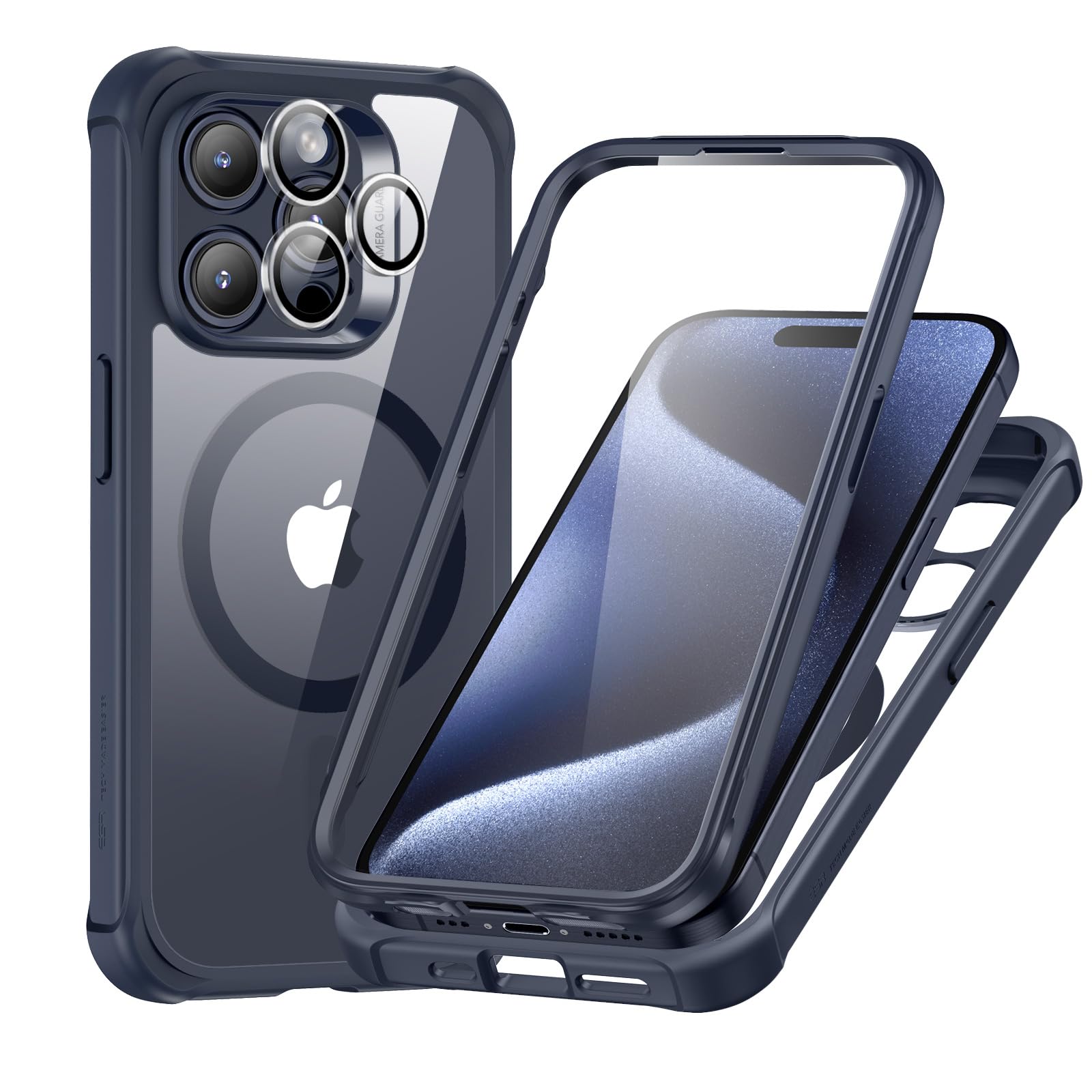 ESR for iPhone 15 Pro Case, Compatible with MagSafe, Full-Body Military-Grade Drop Proof Case with Built-in 9H+ Tempered Glass Screen Protector, Armor Series, Clear Dark Blue