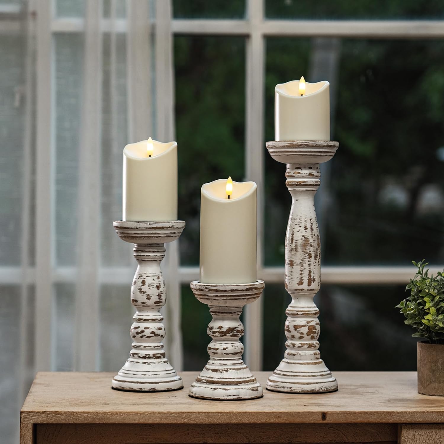 Homemory Farmhouse Wood Candle Holders for Pillar Candles Set of 3, Rustic Candle Holders for Table Centerpiece, 13" 9" 6" Vintage Tall Candle Stand Decorative for Dining Fireplace Living Room (White)