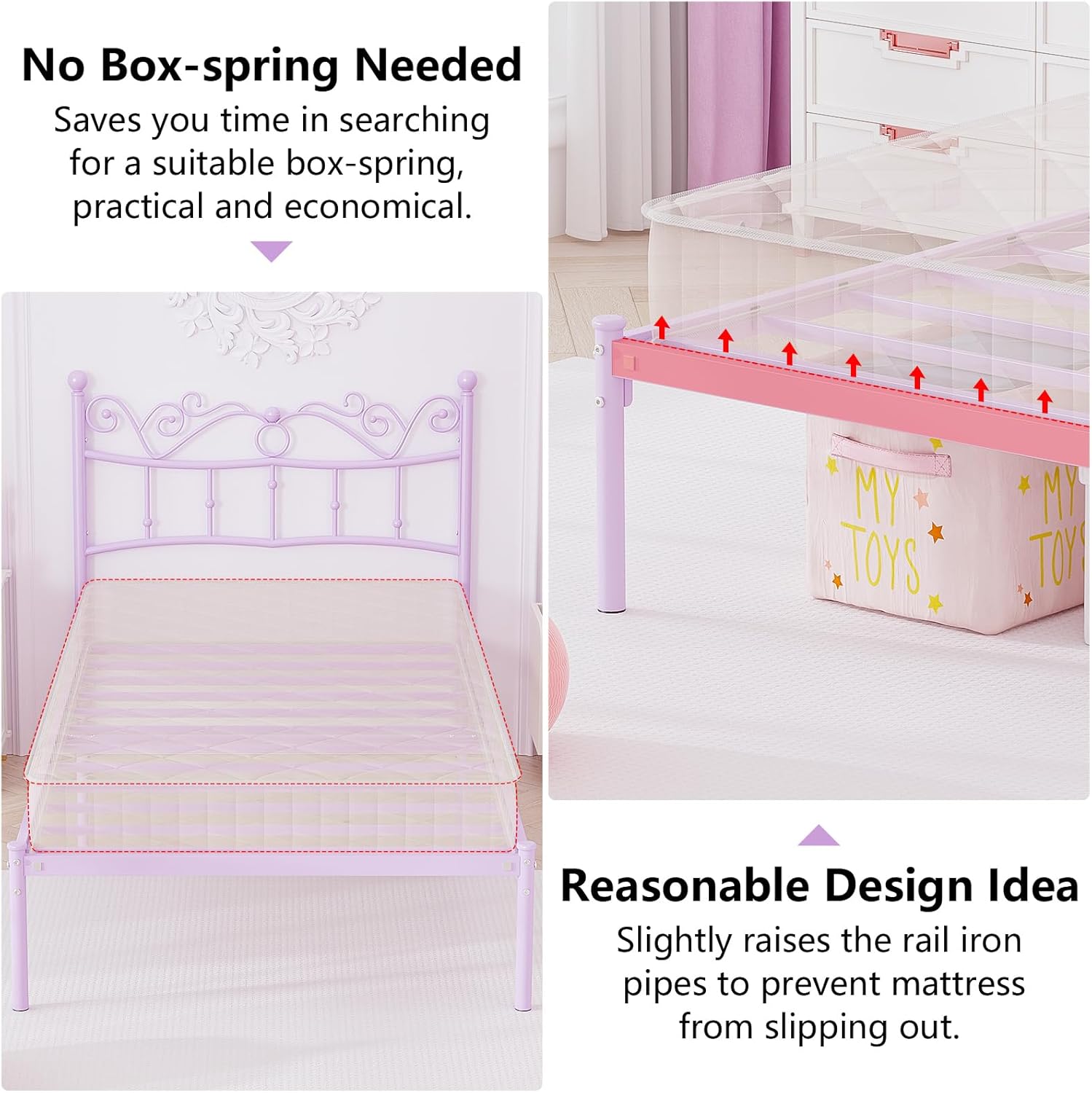 Twin Bed Frames with Headboard, Elegant Metal Bed Frame for Kids Girls, Modern Twin Size Platform Bed - No Box Spring Needed, 11.2 Inches Height Underbed Storage - Purple - Image 6
