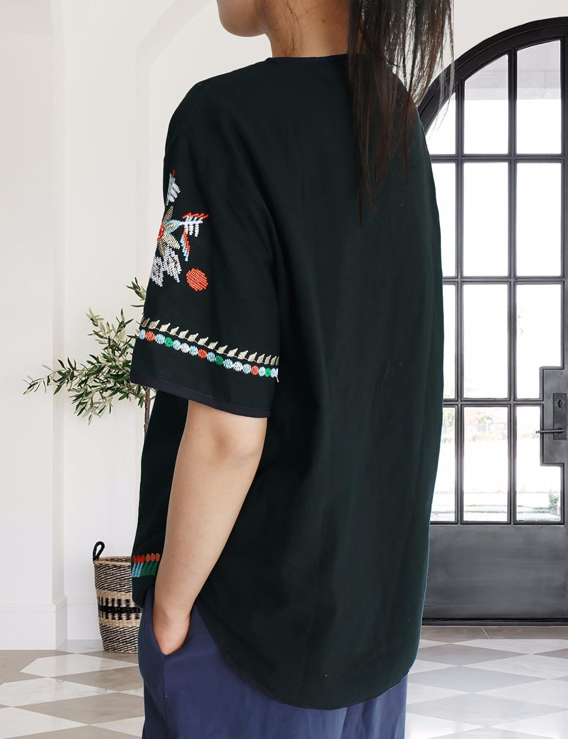 SeekMe Women's Cotton Linen Tops Embroidered Short Sleeve Peasant Boho Mexican Tunic Top Festival Casual Loose T Shirt - Image 3