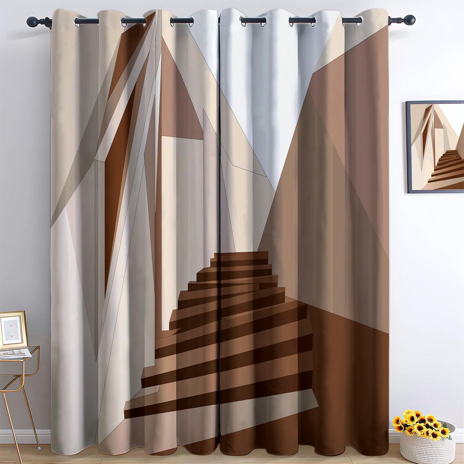 46 x 72 Inch Luxury Blackout Curtains Khaki, Space Abstract Stairs Heavyweight Thermal Insulated Curtains, Energy-Saving UV-Blocking Elegant Drapes for Bedroom Living Room Guest Room