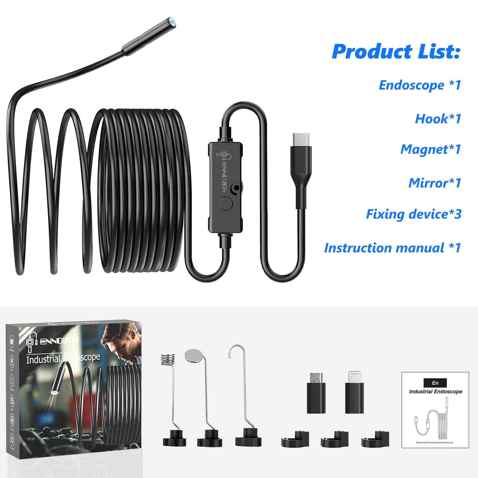 Endoskopowa kamera inspekcyjna, elastyczny sztywny endoskop 1920p, boroskop 8 LED, kamera inspekcyjna USB bez WiFi, wodoodporne kamery odpływowe IP67, do Androida, iOS, iPhone'a, iPada