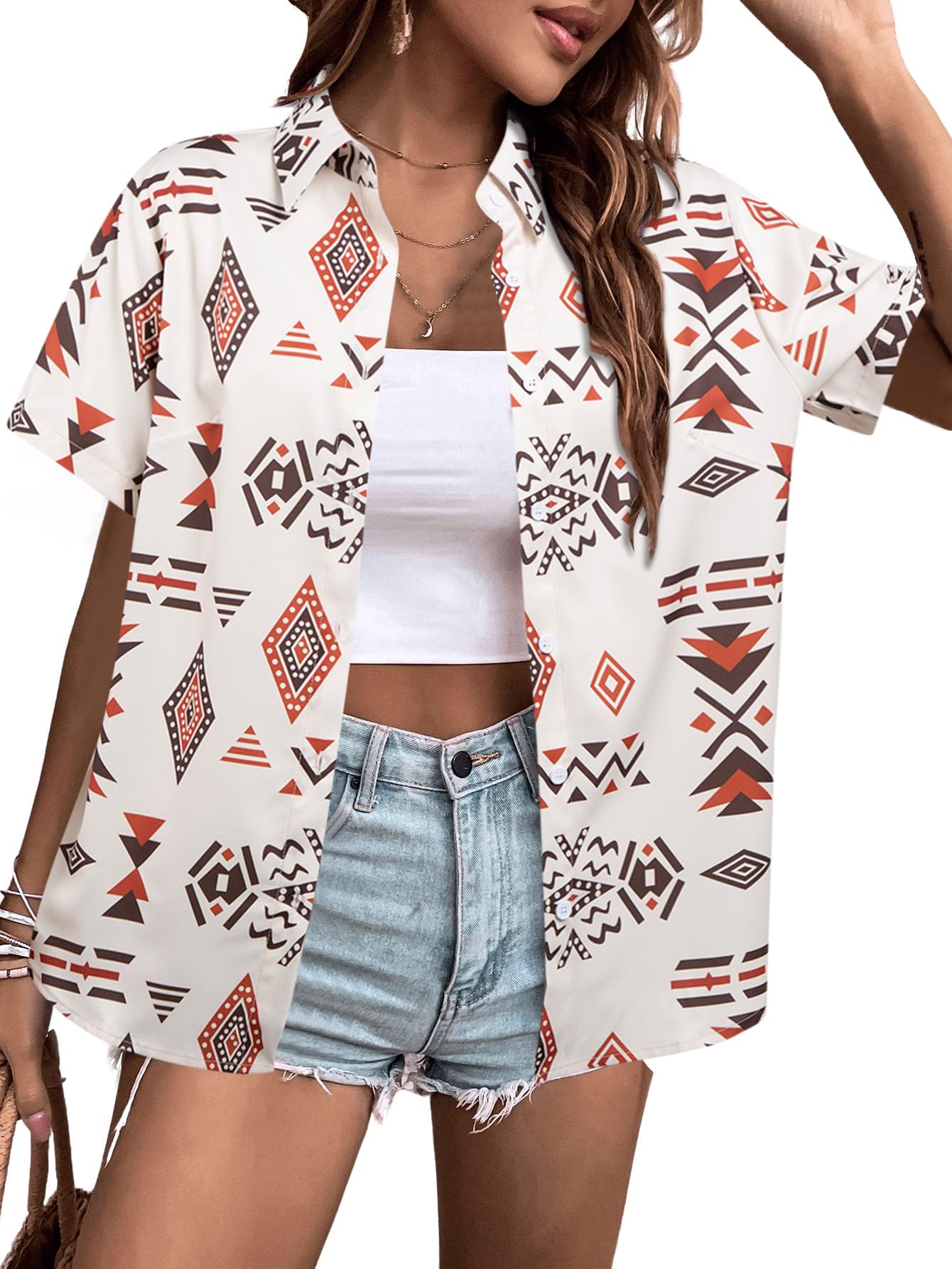 Western Button Down Shirt Women: Boho Aztec Cow Print Tops Hawaiian Tropical Tees Summer Short Sleeve Outfit