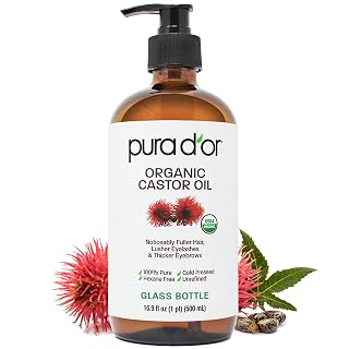 PURA D'OR ORGANIC Castor Oil (16.9 Oz GLASS BOTTLE) Pure Cold-Pressed Hexane-Free USDA Certified – Lashes Brows Hair Scalp Skin – Botanical Moisturizer for Softness Strength Hydration Shine Radiance - Amazon product rated Grade B