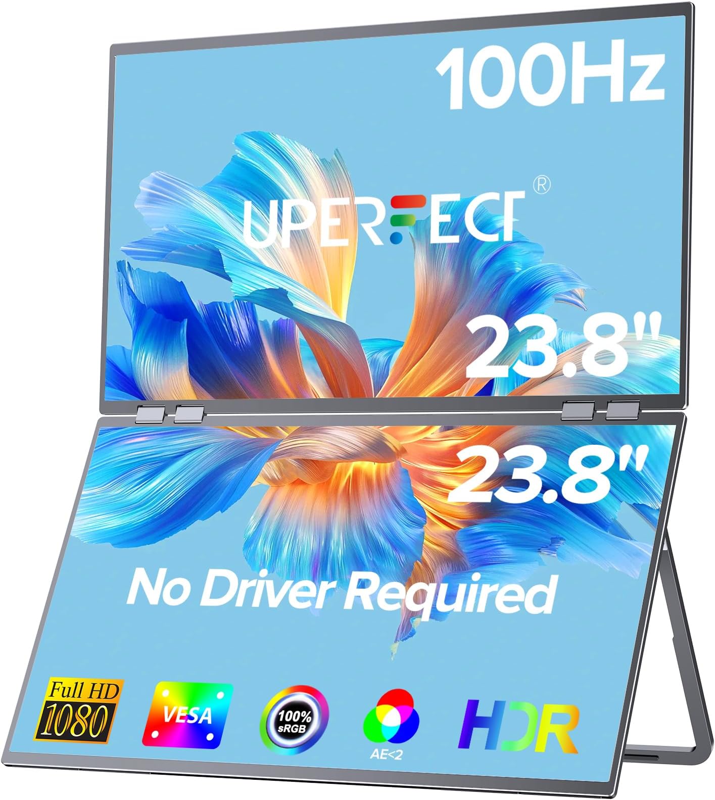 Delta 23.8" 100Hz Dual Monitor Portable Monitor for Laptop Screen Extender 1080P HDR 360° Folding Stacked Triple Monitor with Stand & VESA for Laptop PC Phone Game Console (No Driver Needed)