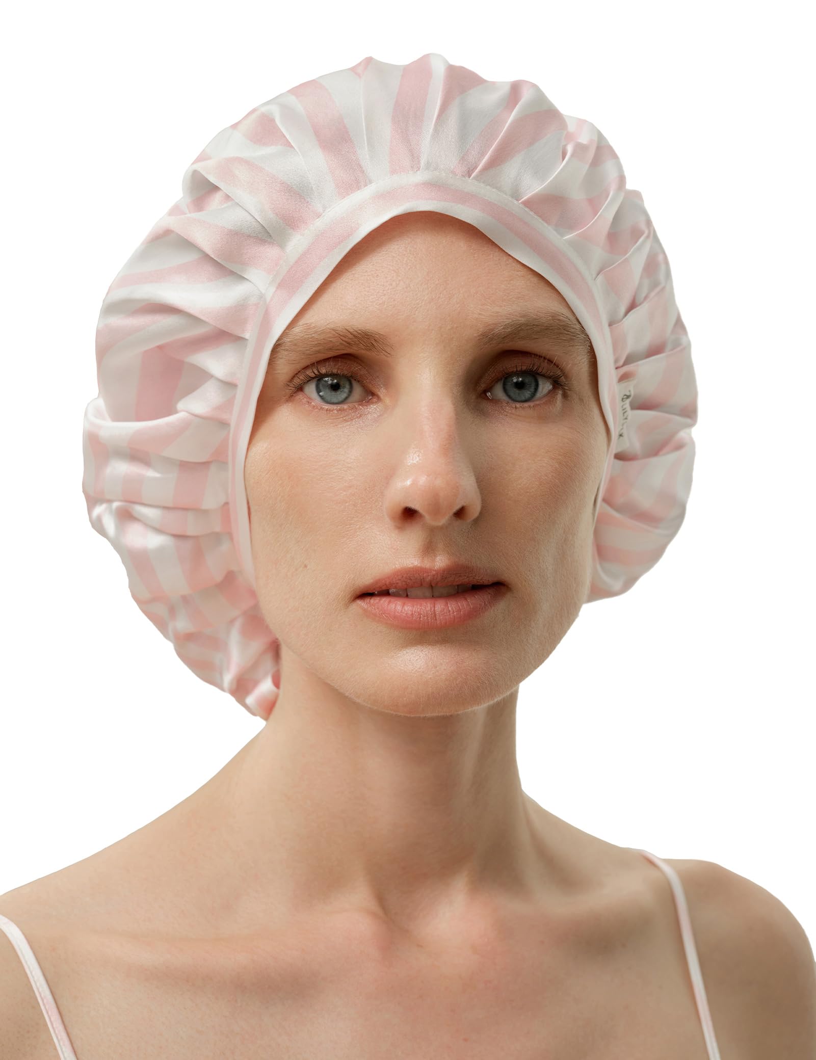 LilySilk 100% Maulbeerseide Schlafmütze rutschfest verstellbar und atmungsaktiver Kopfbedeckung Seidenhaube zum Schlafen Nachtmütze mit elastischem Band für alle Haartypen, Hellrosa & Weiß Gestreift