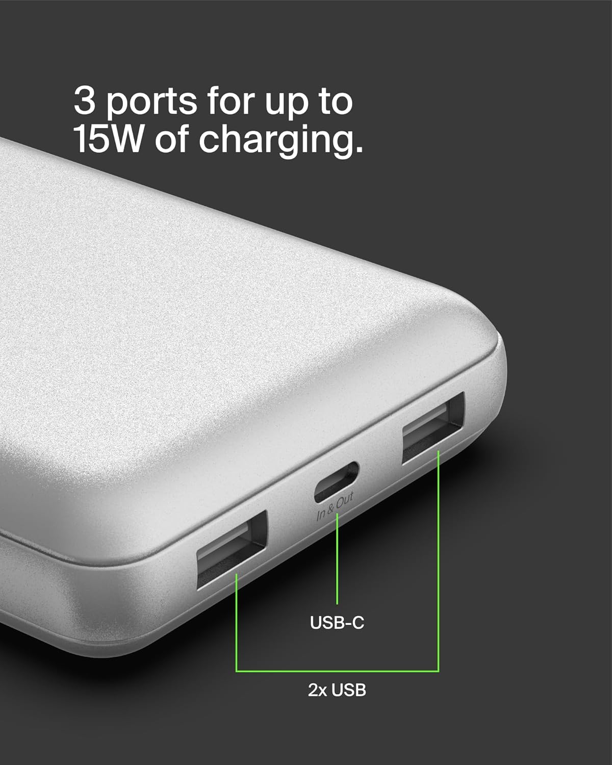 Belkin Portable Charger, USB-C Power Bank 20000 mAh w/ 1xUSB-C Port & 2xUSB-A Ports, 15W w/Type-C to Type-A Cable for iPhone 16, Samsung Galaxy S25, Nintendo Switch 2, Google Pixel 10, etc. - Silver image 9 of 12 B0CV8HPXPC