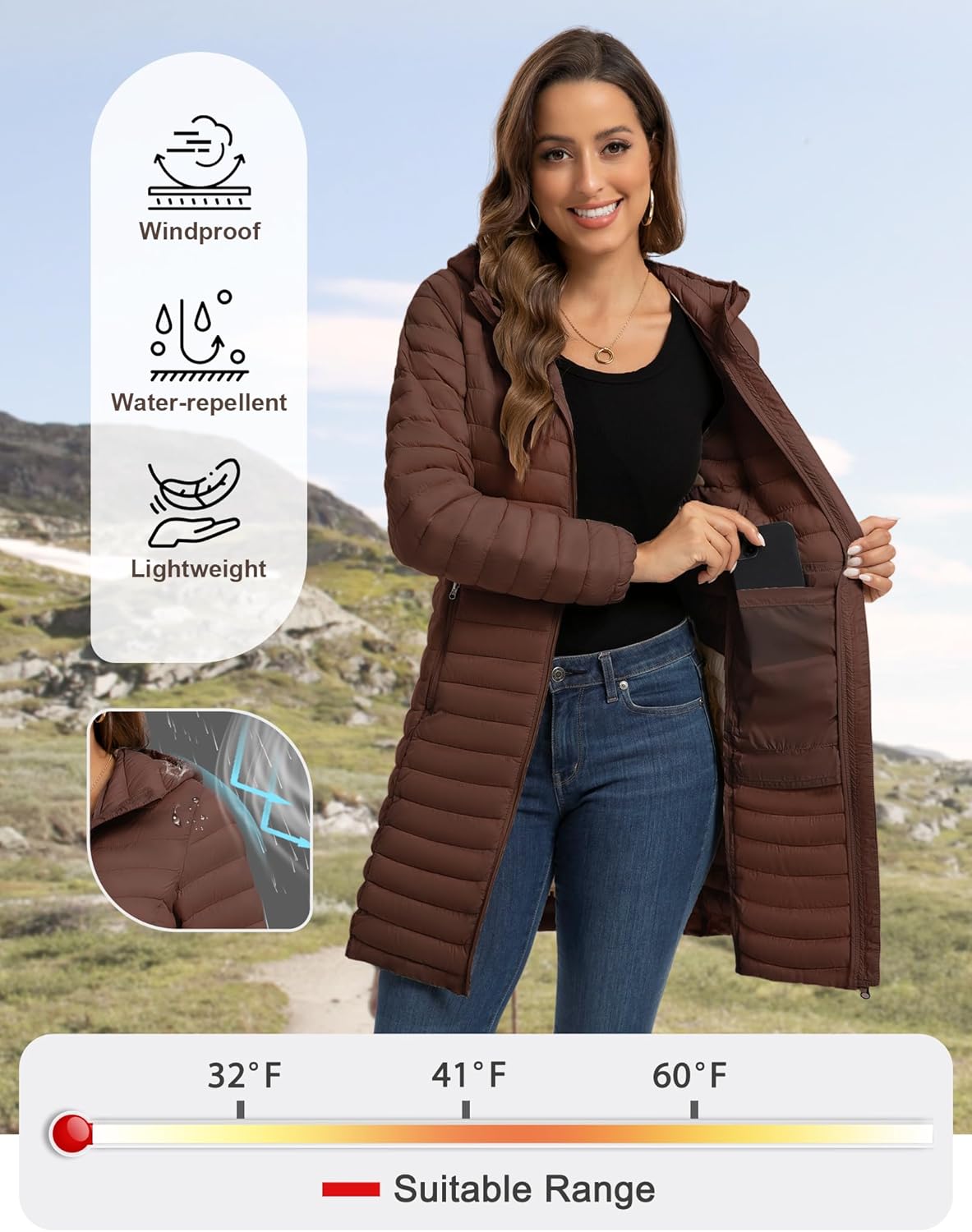 ROYAL MATRIX Packable Puffer Jacket for Women Lightweight Hooded Quilted Long Travel Puffer Coat - Image 3