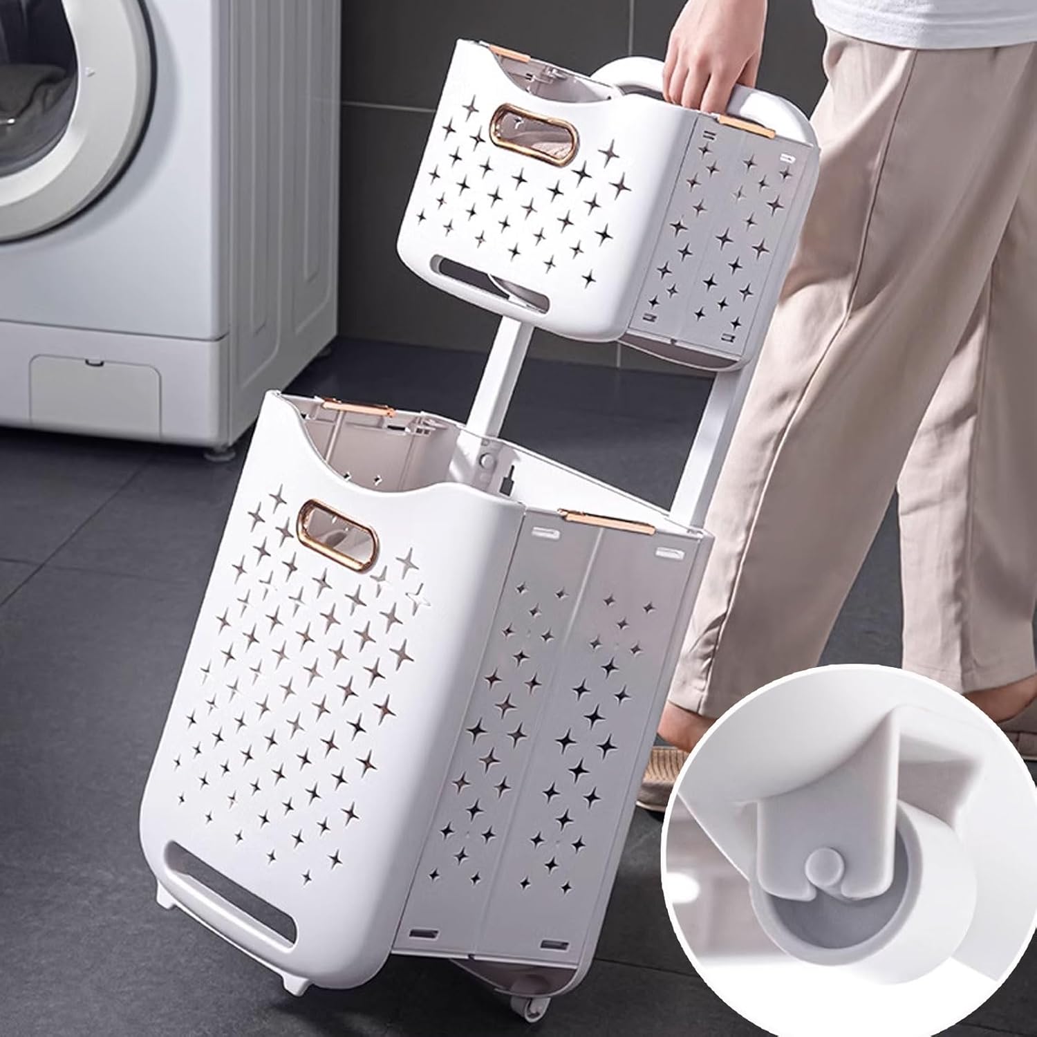 Rolling Laundry Cart with Wheels Foldable Handle Made of PP Laundry Sorter Two Types of Storage Double Basket Laundry Cart for Shopping, Laundry, Camping(Green)
