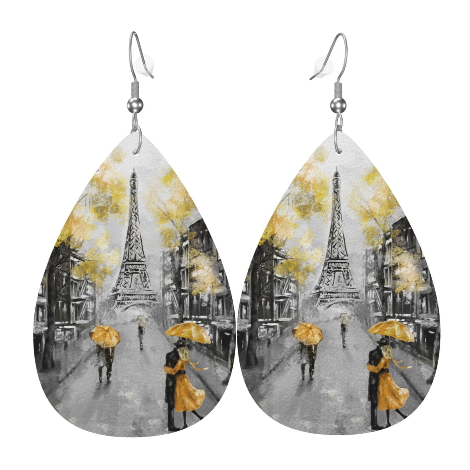 YashilaiyaParis Eiffel Tower Landscape Earrings Faux Leather Teardrop Dangle Earrings Lightweight Leaf Earring for Women Teen Girls