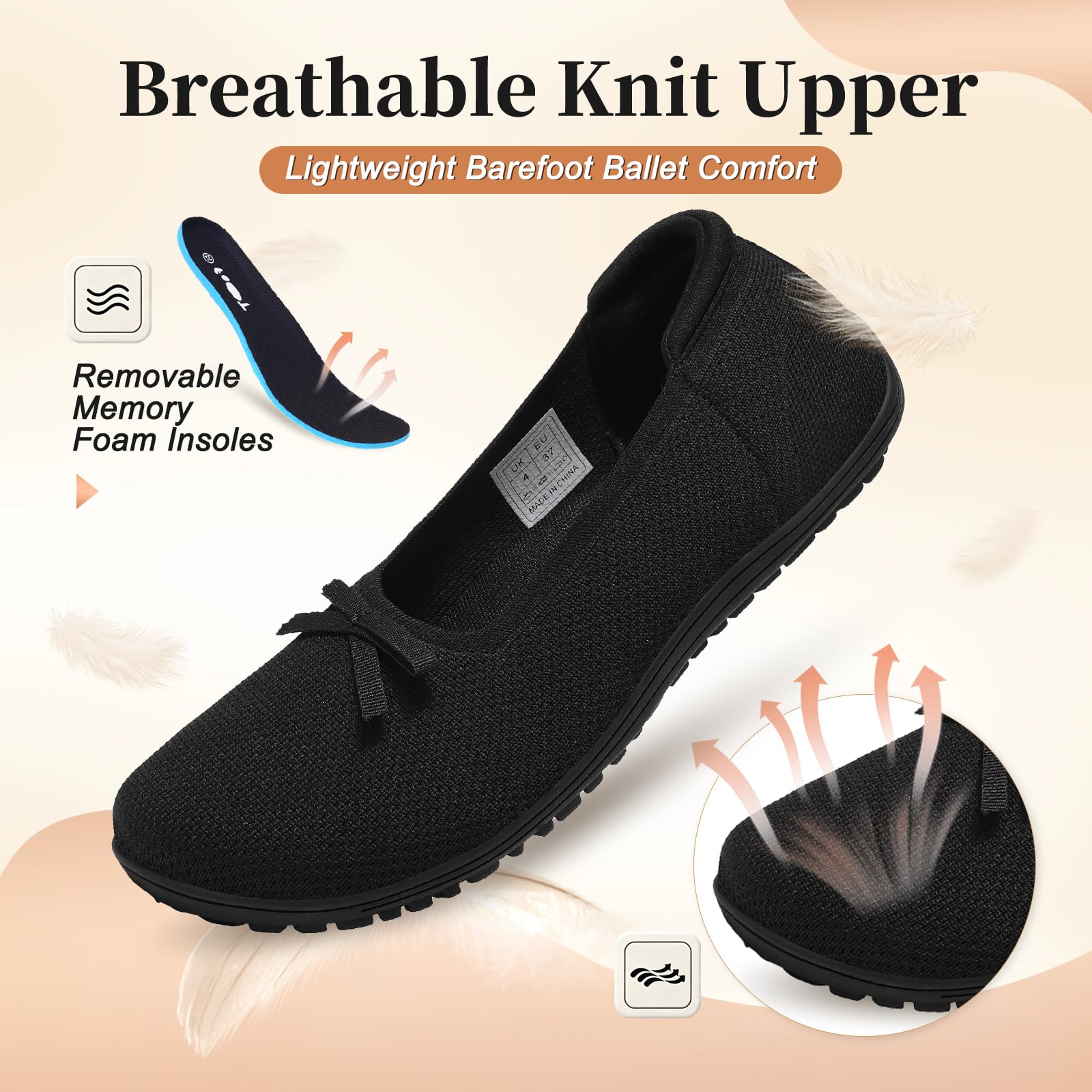 Geweo Barfuß Ballerinas Damen Barfußschuhe Slip On Sommerschuhe Breite Füße Atmungsaktiv Waschbare Herausnehmbare Einlegesohle Flache Leicht Flexibel