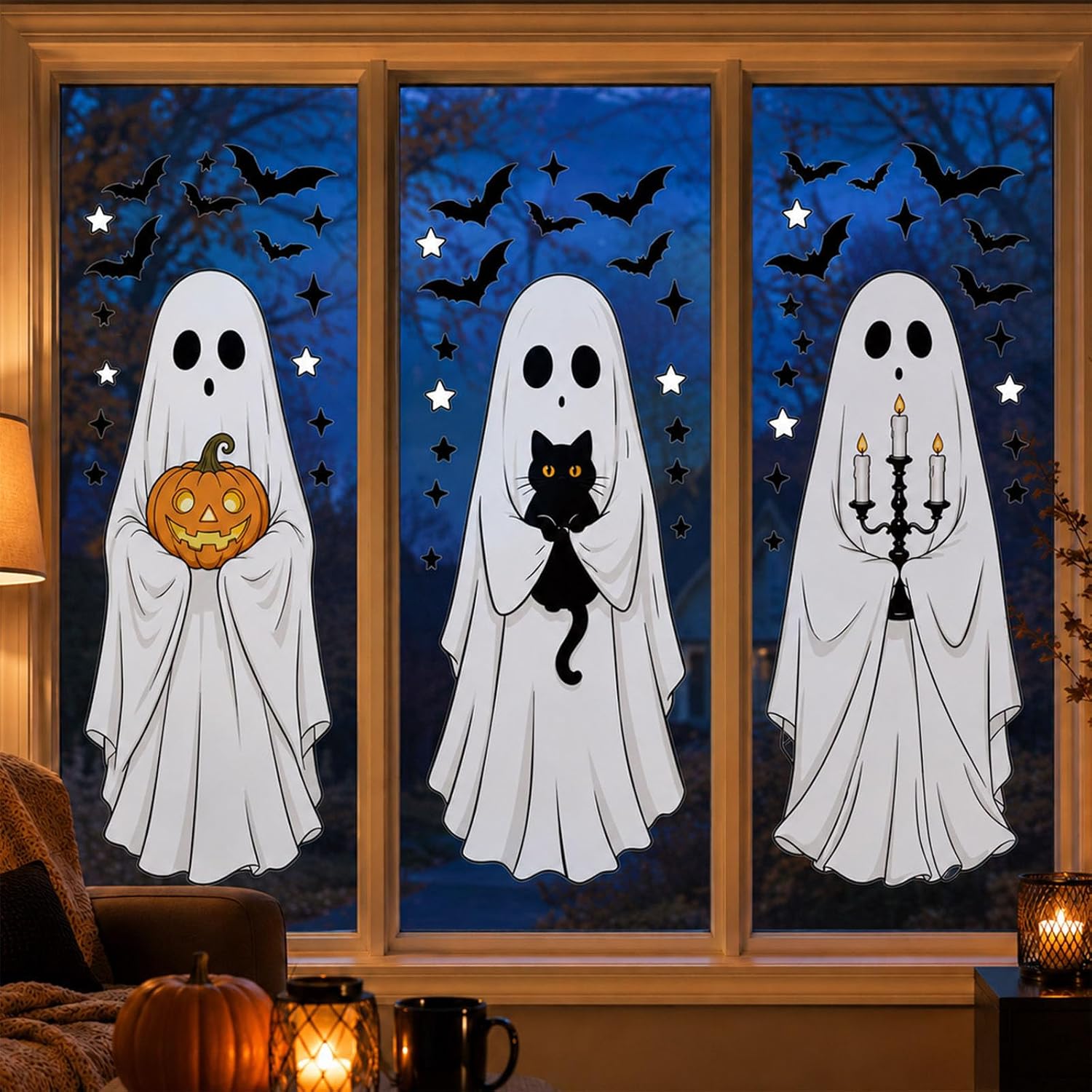 Halloween Window Clings Large, 3 Sheets Ghost for Home Window Decorations