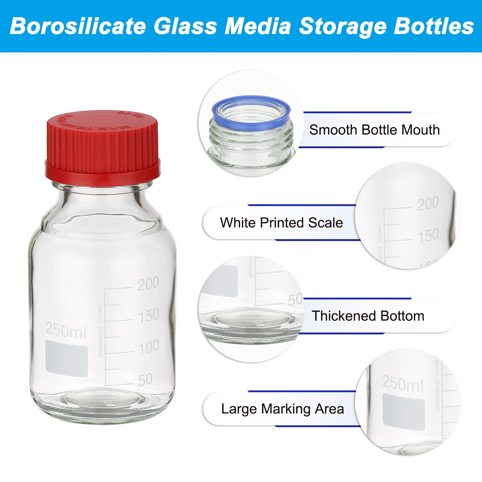 PATIKIL 12 Piezas Frascos De Almacenamiento Para Medios Reactivos, 250ml Frascos Redondos Graduados De Vidrio Borosilicato Con Tapa Roja GL32 Para Líquidos Reactivos De Agua En.