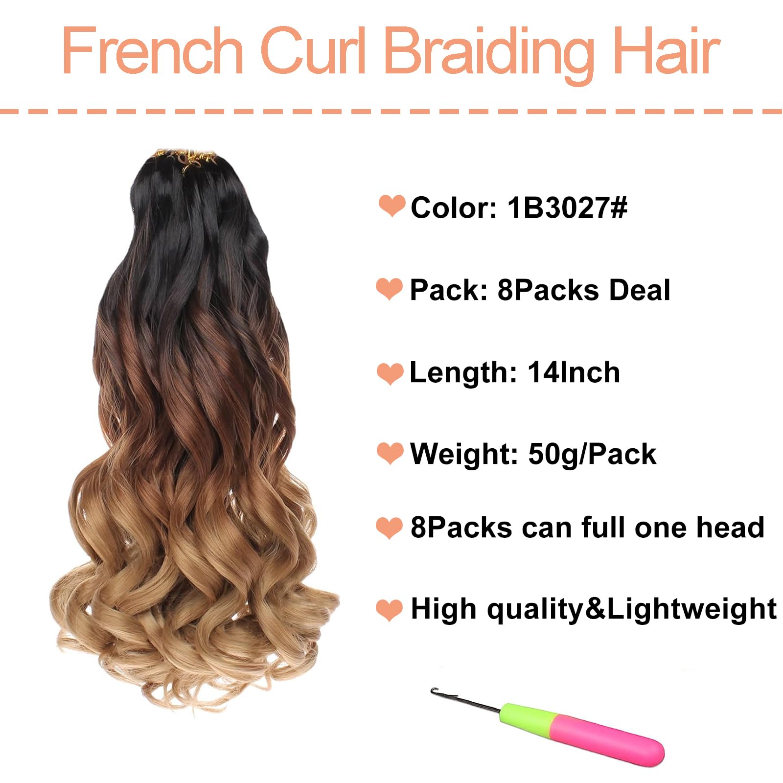 Mscat 14 Inch 8 Packs Pre Stretched French Curly Braiding Hair Loose Wave Bouncy Hair Extensions 1B3027#, 14 Inch (Pack of 8) - Image 2