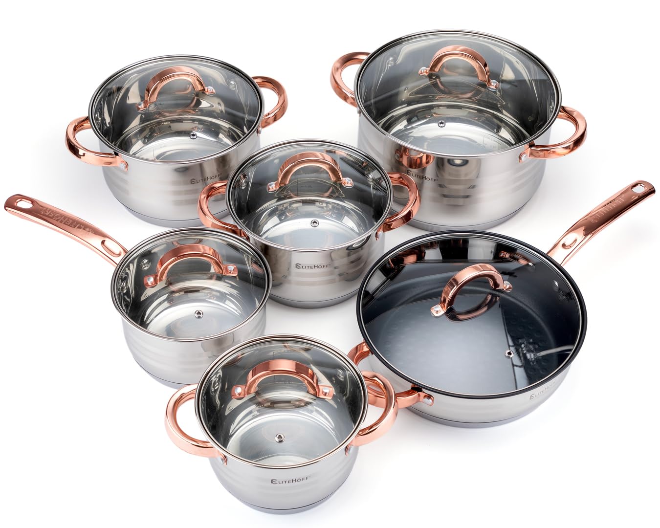 Lot De 3 Casseroles Induction EliteHoff - 7 Couches Inox, Couvercle Verre, 1.1L à 2.5L, Jusqu'à 250°C