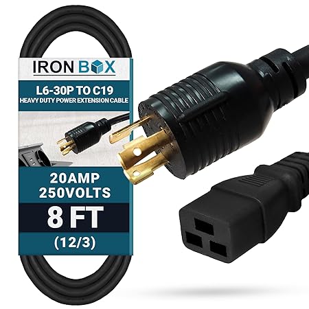 NEMA L6-30P to C19 Power Cord - 8 Foot, 20A/250V, 12/3 AWG - Iron Box # IBX-4943-08M