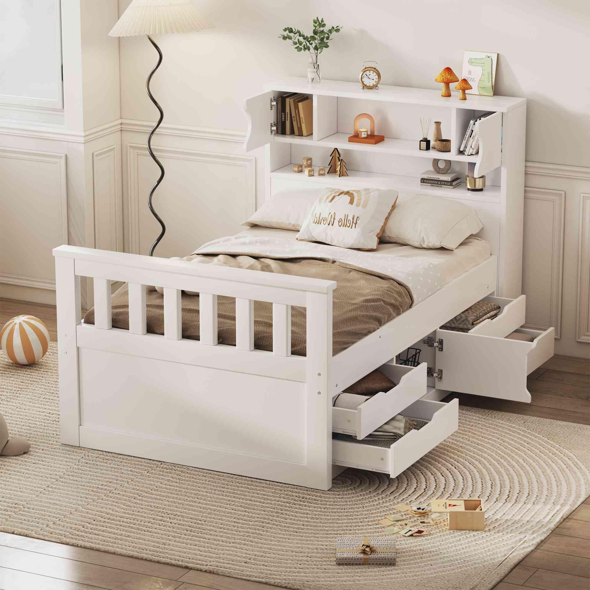 NOT COMPLETE BOX 3 ONLY ATY Twin Size Platform Bed with Storage Headboard and 4 Pull-Out Drawers, Wooden Captain Bedframe w/Footboard & Cabinet, Save Space Design, No Box Spring Needed, White