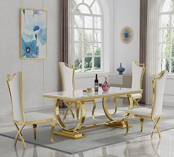 5 Piece Dining Table Set, 68" Faux Marble Dining Table with 4 White Leather Dining Chairs, Kitchen Table and Chair Set with Gold Stainless Steel Base, Luxury Dining Table Set for 4