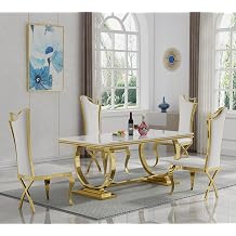 5 Piece Dining Table Set, 68" Faux Marble Dining Table with 4 White Leather Dining Chairs, Kitchen Table and Chair Set with Gold Stainless Steel Base, Luxury Dining Table Set for 4