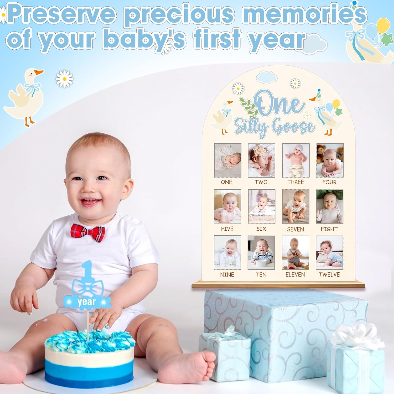 Silly Goose フォトボード ブルーグースがテーマの誕生日パーティー装飾 木製ボード 12枚 マンスリーマイルストーン写真フ