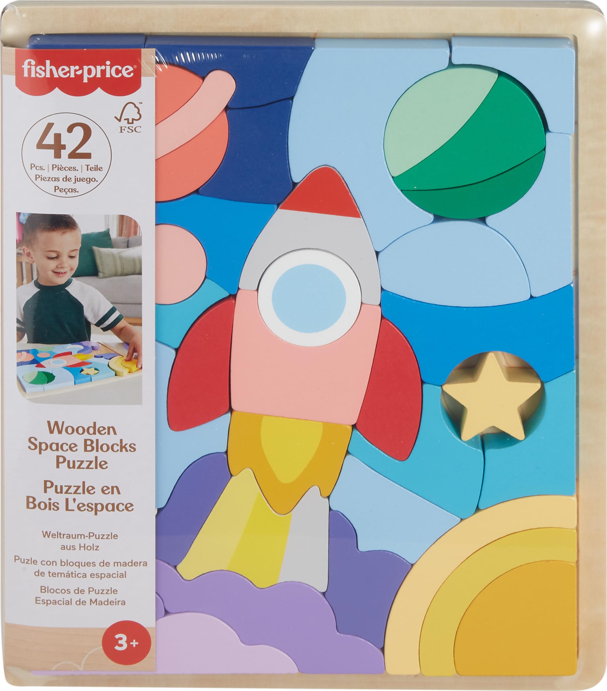 Fisher-Price Preschool Toy Wooden Space Jigsaw Puzzle with Stacking Blocks, 42 Wood Pieces for Sorting Play Ages 3+ Years