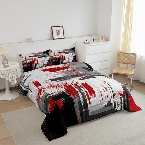 Miniatura 2 de Feelyou Juego de edredón abstracto moderno de arte abstracto para niños y niñas, juego de ropa de cama con patrón rojo, gris, negro, decoración de