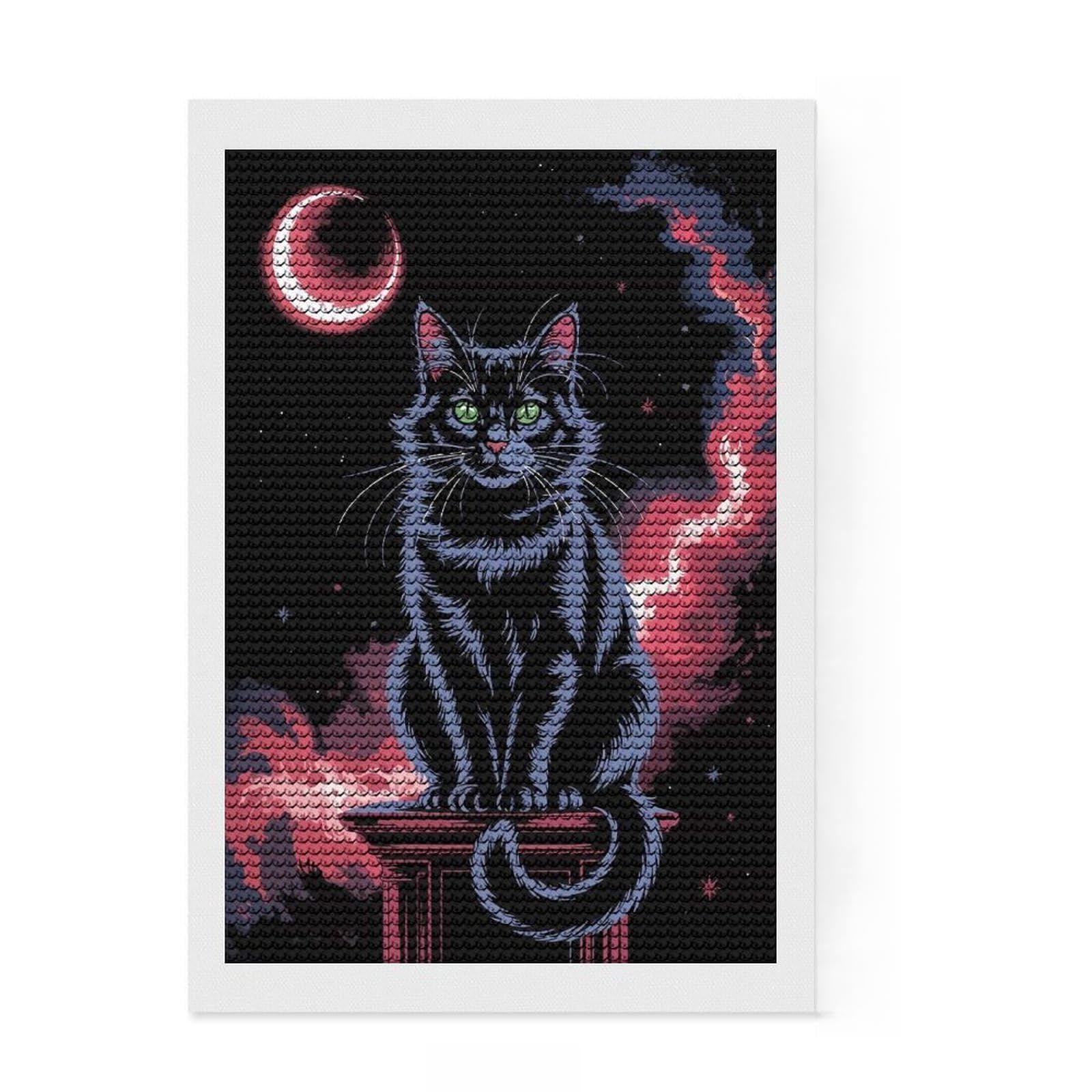 Junmoney Black Cat Under Crescent Moon Art Diamond Art Canvas 8"x12", Sparkling Round Gems, Neat Printed Canvas, with Tool Kit, Office Decor, Printed Canvas
