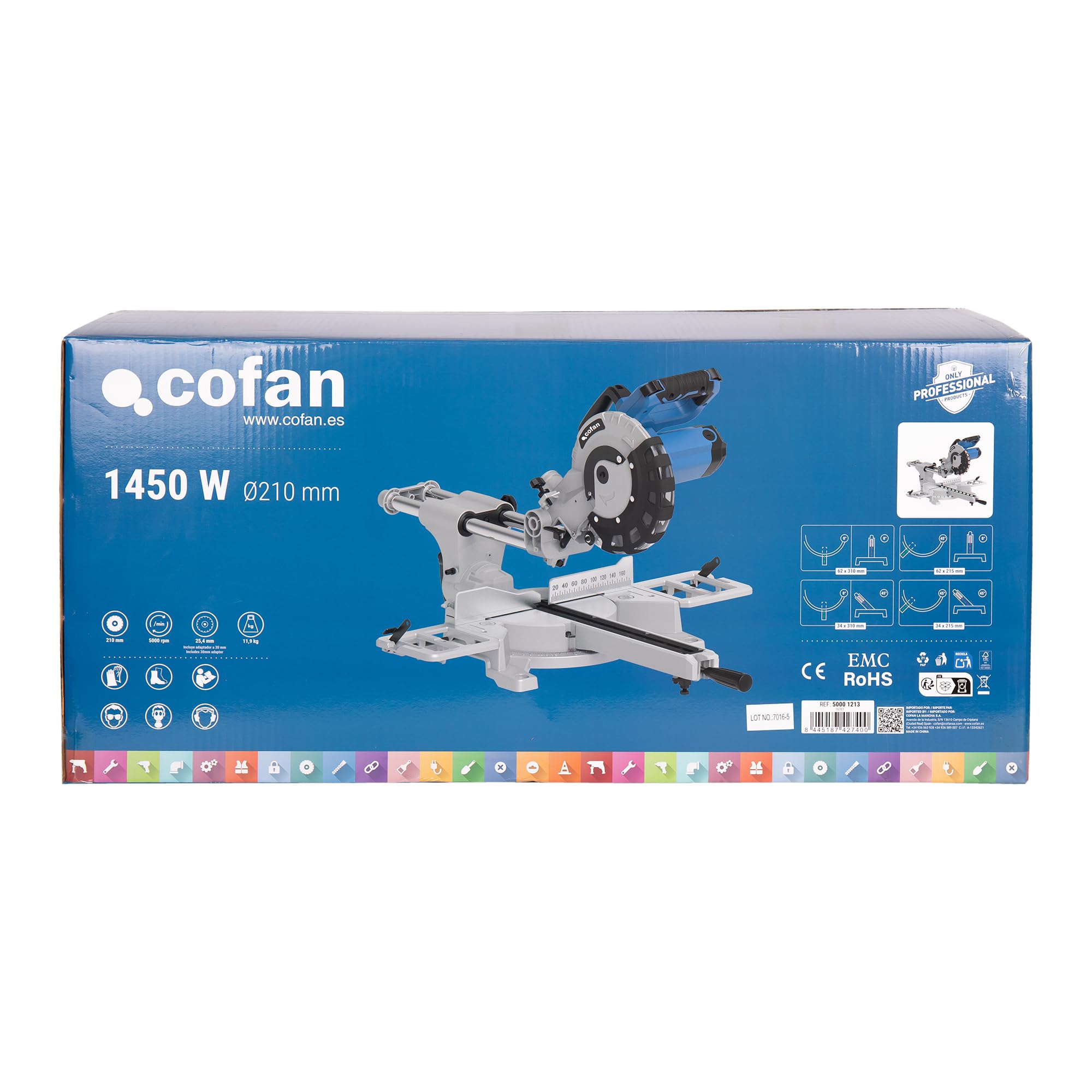 Cofan Ingletadora eléctrica con cable 1450 W Ø210 mm 5000 rpm, Corte doble bisel e inglete, guía láser, barra deslizante, bolsa de serrín, engranajes reforzados