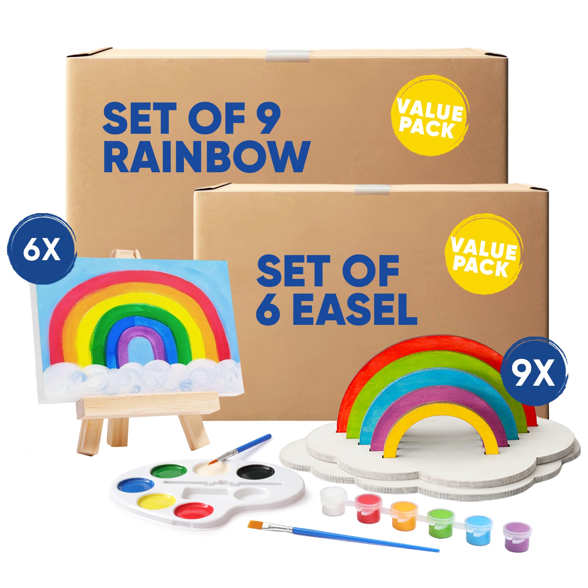 CRAFTY HAPPITOYS9 DIY Rainbow Kits for Children to Build & 6 Mini Canvases & Easel Set with Watercolors Paint
