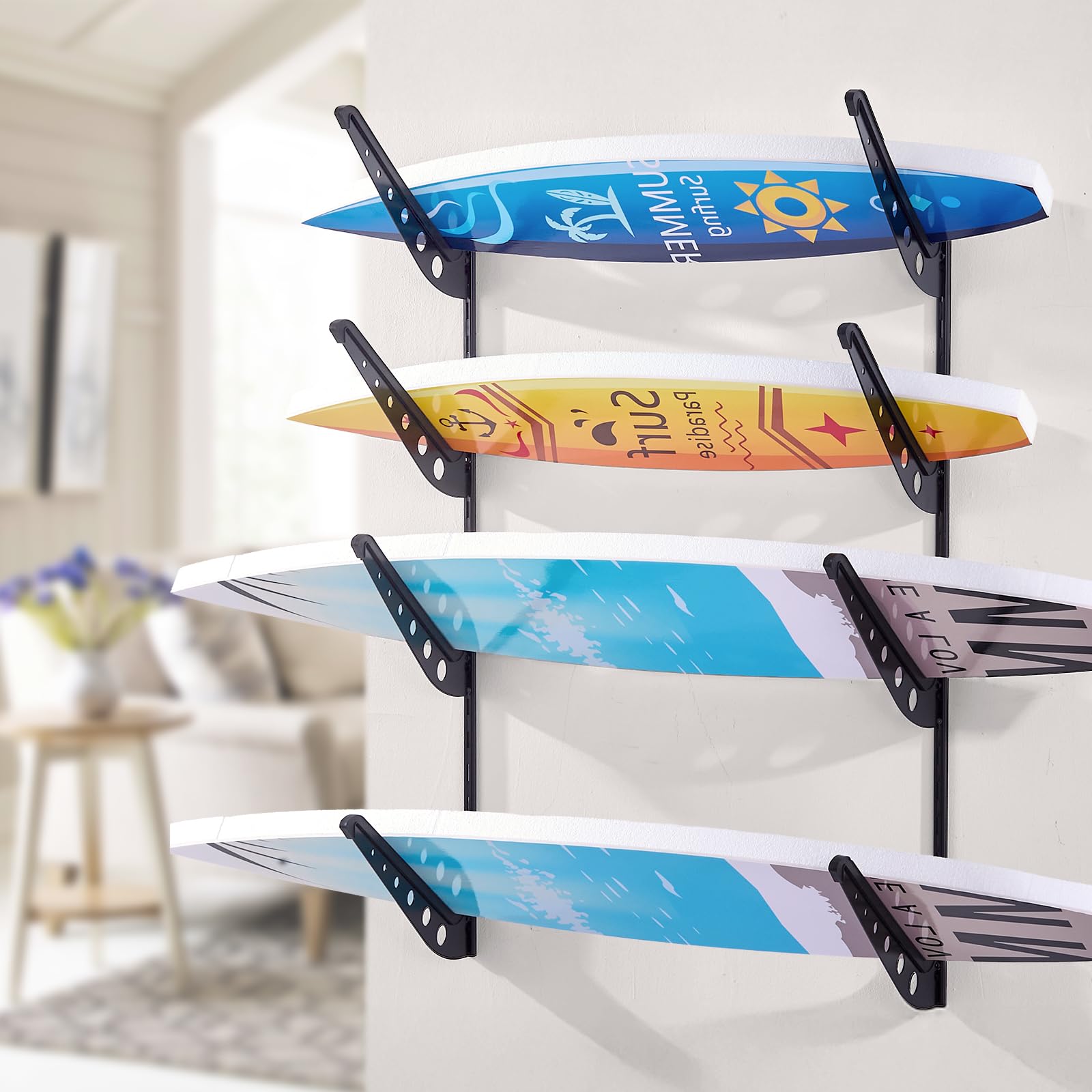 VEVOR Soporte de Pared para Tablas de Surf, Soporte Horizontal para Tablas de Surf de 4 Niveles para Almacenamiento y Exhibición, Organizador Ajustable para Kiteboards, Esquís y Snowboards, Negro