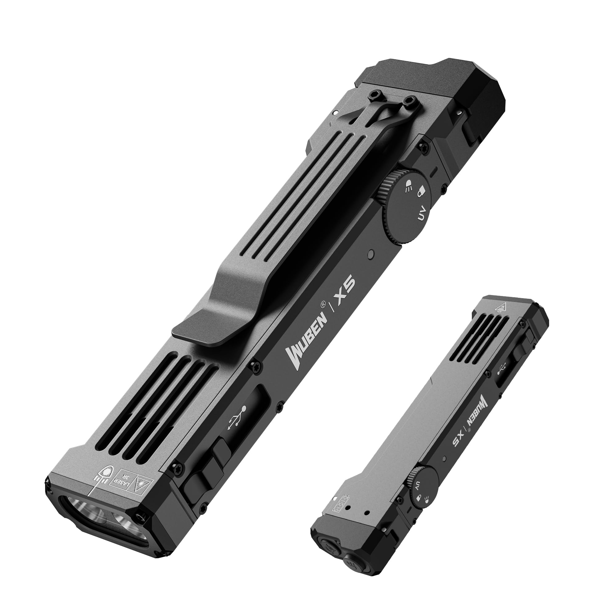 WUBEN X5 Flashlight Rechargeable, 1300 Lumens Bright Flashlight 6 Modes | White LED, UV Blacklight & Green Light, EDC Flat Tactical Flashlight with Clip, IP65 for Camping, Outdoor &Emergence Gray