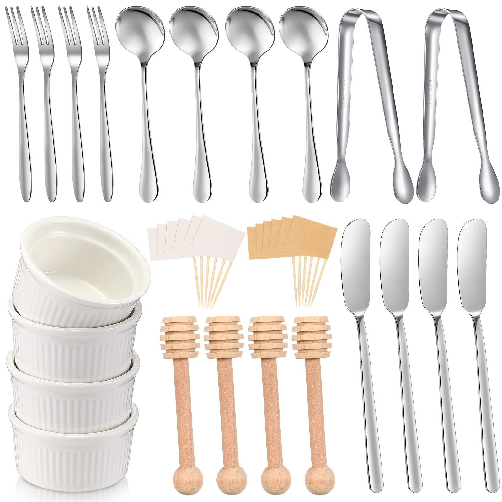 Charcuterie Board Accessories Utensils Cheese Butter Spreader Knives Set Include Serving Tongs, Knives, Spoons, Forks, Toothpick Flags, Honey Dippers, Bowl for Christmas Pastry Making (Silver)