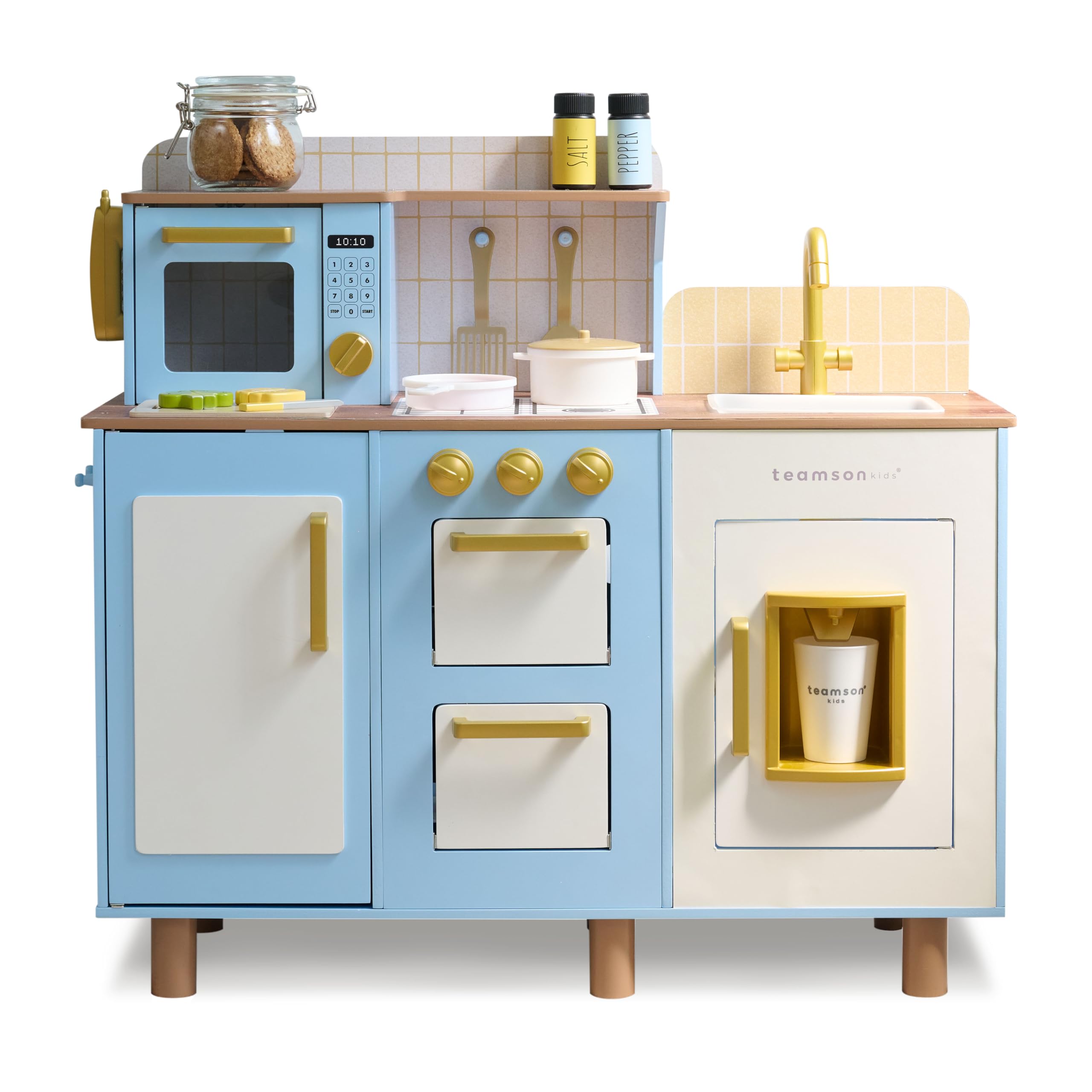 Teamson Kids Little Chef Hampton - Set da cucina in legno con erogatore di ghiaccio, lavandino, manopole per piano cottura, contenitore e 17 accessori inclusi per i più piccoli