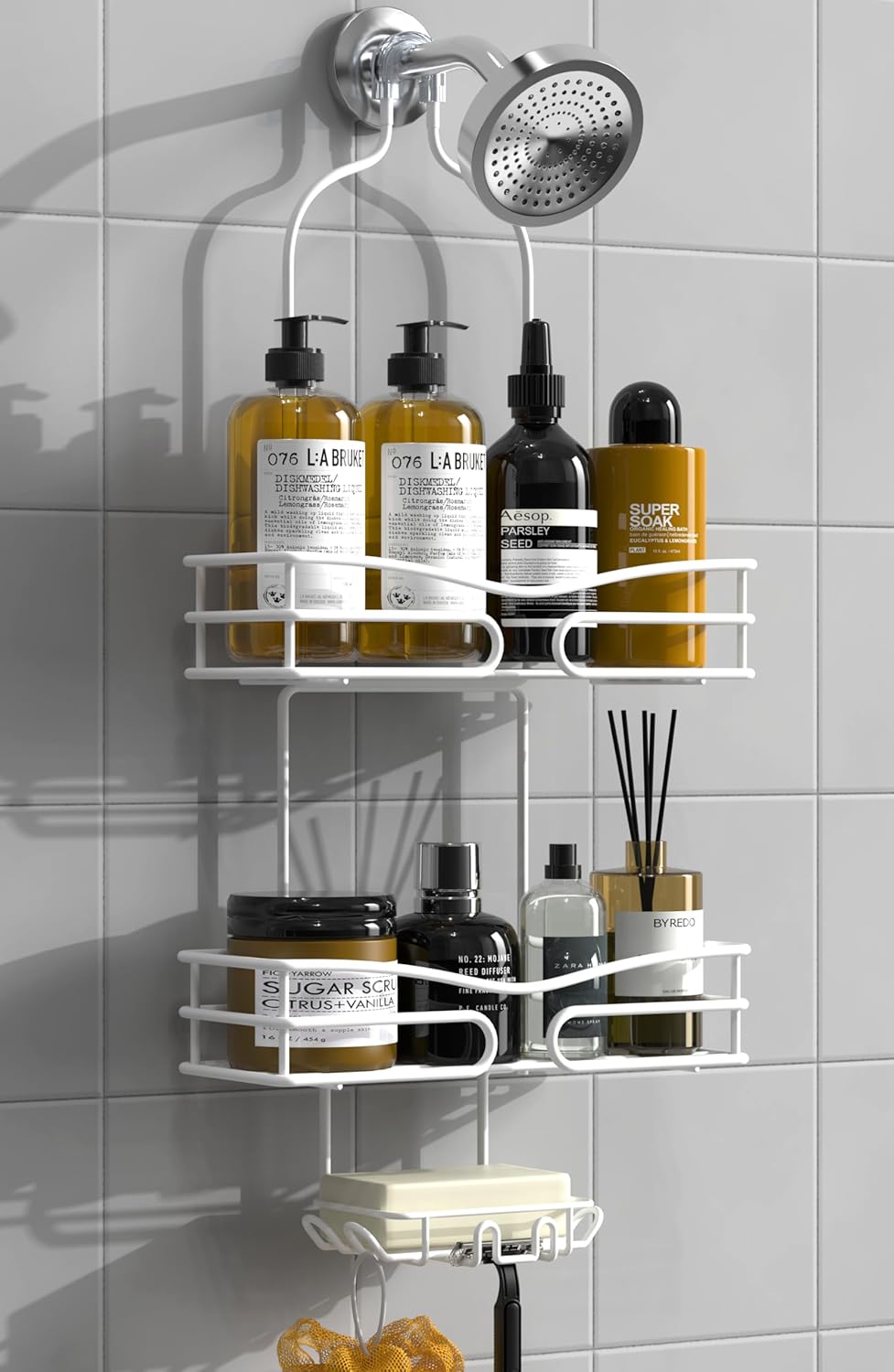 DAOYA Pink 3-Tier Over Head Shower Caddy with Soap Holder & 6 Hooks - Hanging Shower Caddy for Bathroom Organizer