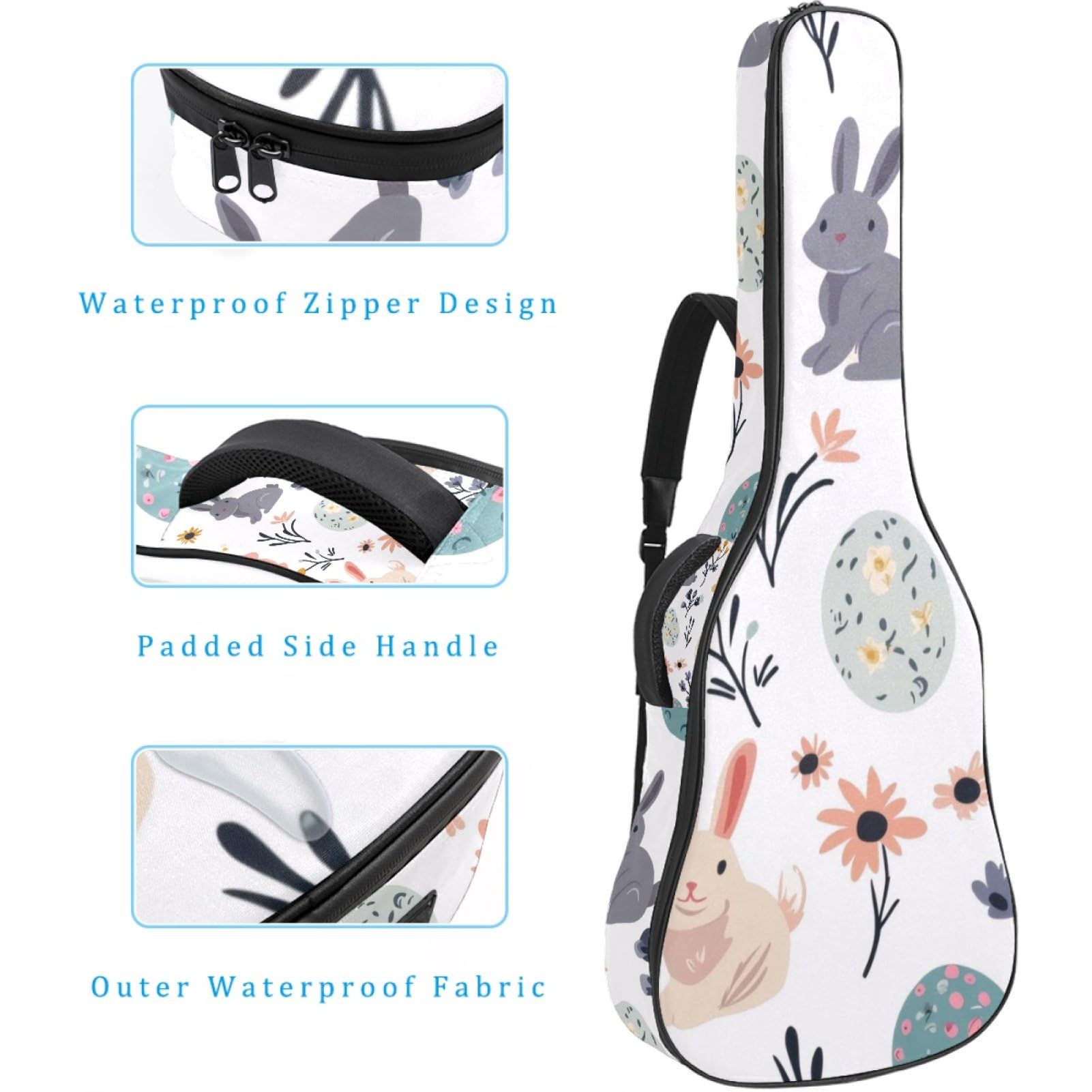 43 Zoll Akustikgitarre Softcase mit Rucksackgurt und 2 Taschen Bunny Pflanzen Eier Keine Polsterung Rucksack Wasserdicht Oxford Tuch Bassgitarre Gigbag für Konzertgitarre, mehrfarbig,