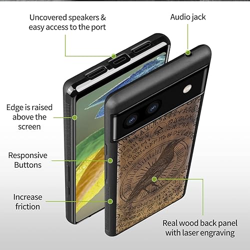 Miniatura 9 de Carveit Funda de madera para Pixel 6a 2022 madera natural y TPU suave negro a prueba de golpes, funda de madera única compatible con Google Pixel 6a