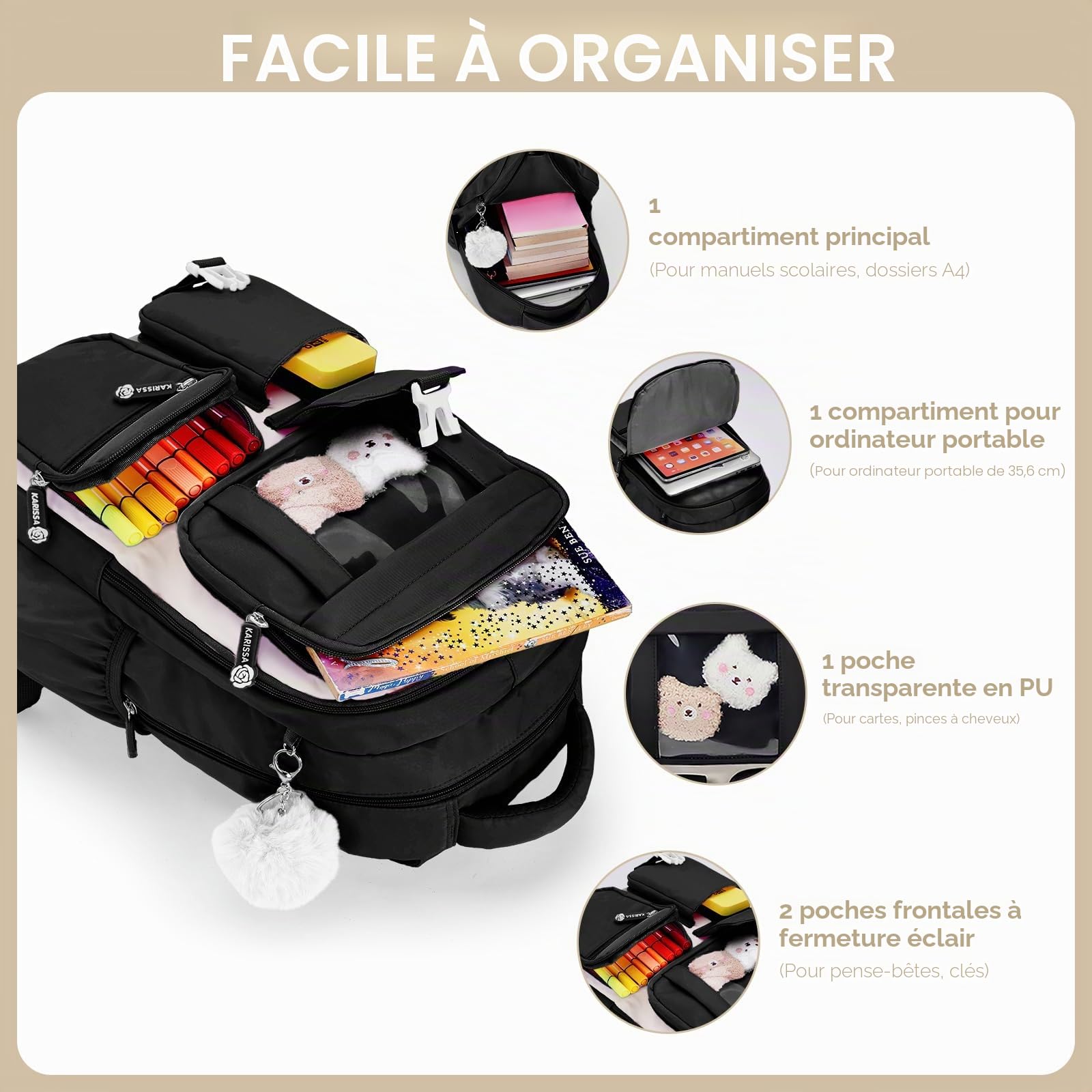 Amythe Cartable Fille Primaire, Sac à Dos Respirant pour Filles CP CE1 CE2 CM1 CM2, Sac Ecole Décontracté pour les Enfants de l'école Primaire au Collège, Noir