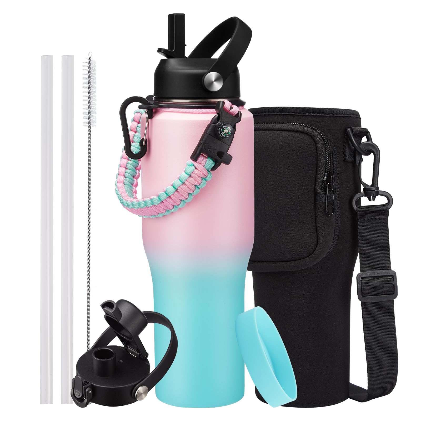 Insulated Water Bottle 32OZ That Fits in Cup Holder - Stainless Steel Water Bottle with Straw & Spout Lids, Paracord Handle, Carrying Case with Strap,