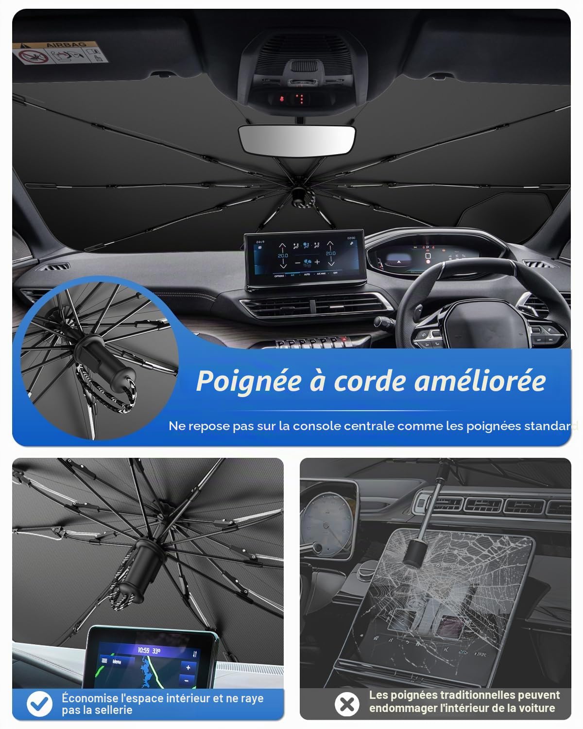 SHAOHAO Pare-Soleil Parapluie pour Peugeot 3008/5008 2016-2024 avec Poignée à Cordon en Nylon Souple, Protection d'Écran Anti-Rayures, Isolation Thermique UV Parasol de Voiture Pliable Accessoires